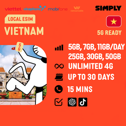 SIMPLY Vietnam Local eSIM | Up to 30 Days - Total 25GB | Daily 5GB/Day-ULT4G Data
