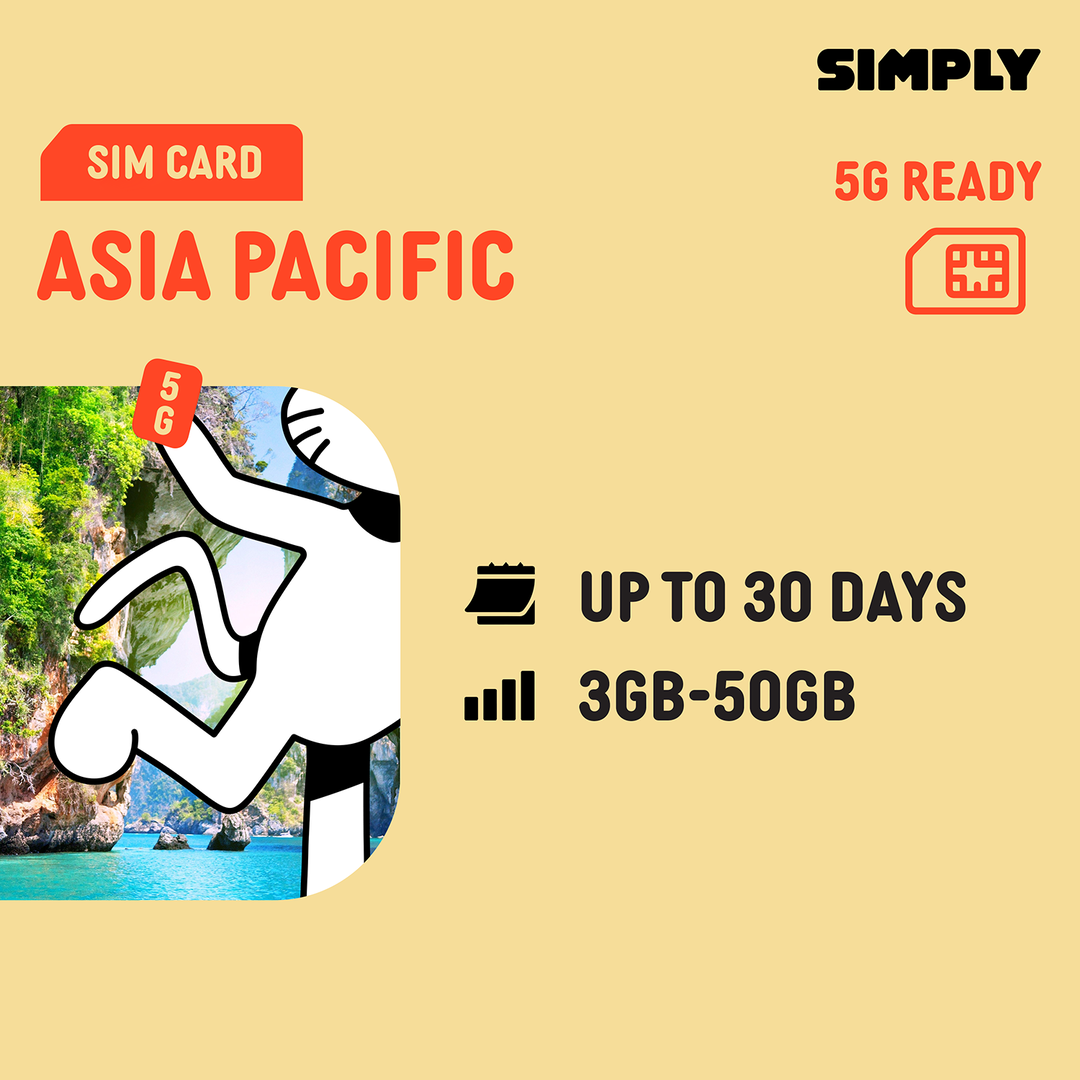 SIMPLY Asia Pacific (15 Countries) SIM | Up to 30 Days - Total 3GB-50GB + Unlimited Data