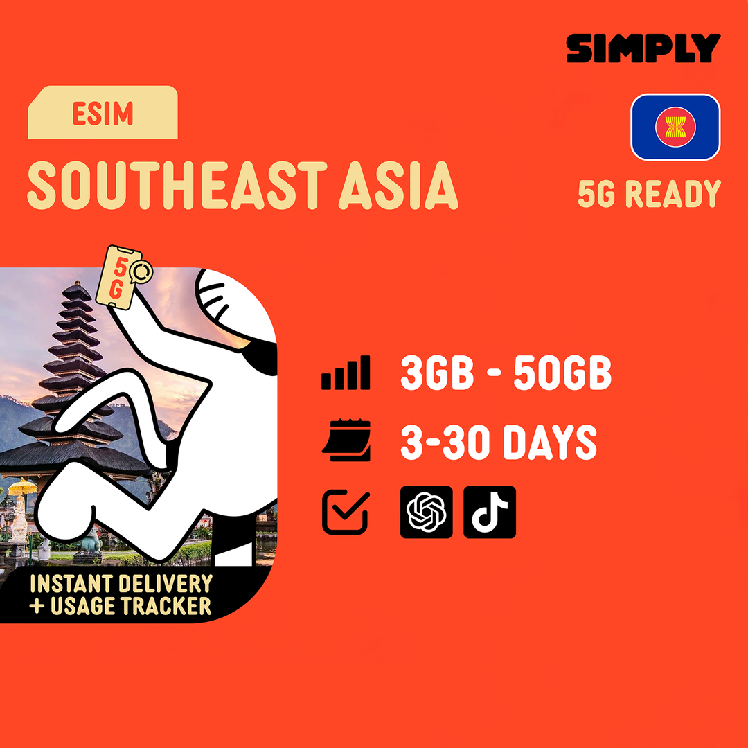 SIMPLY Southeast Asia (Malaysia/Indonesia/Thailand/Singapore) eSIM | Up to 30 Days - Total 3GB–50GB + Unlimited Data