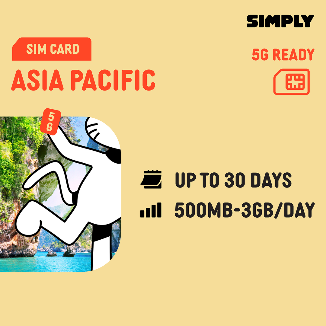 SIMPLY Asia Pacific (15 Countries) SIM | Up to 30 Days - Daily 500MB-3GB + Unlimited Data