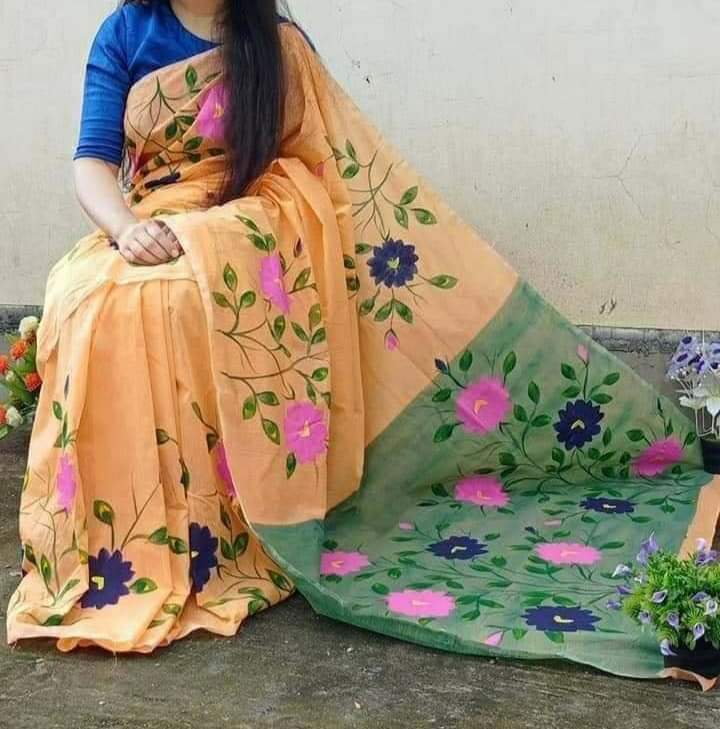 হাফসিল্ক শাড়ীতে হ্যান্ডপ্রিন্ট তুলির কাজ করা_4
