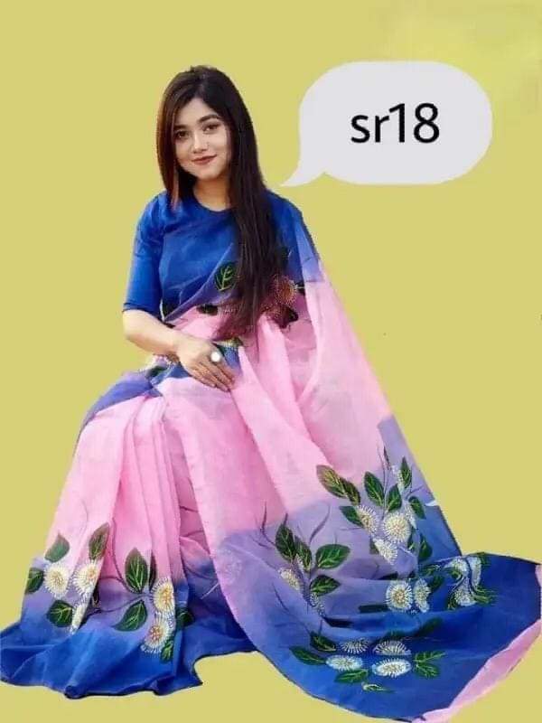 হাফসিল্ক শাড়ীতে হ্যান্ডপ্রিন্ট তুলির কাজ করা_7
