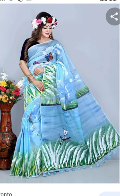 হাফসিল্ক শাড়ীতে হ্যান্ডপ্রিন্ট তুলির কাজ করা_18