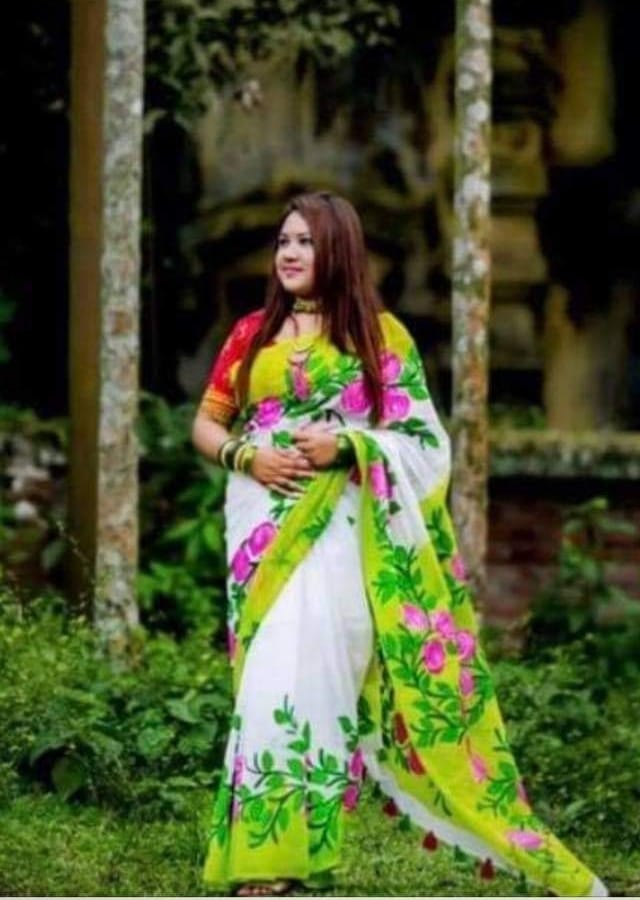 হাফসিল্ক শাড়ীতে হ্যান্ডপ্রিন্ট তুলির কাজ করা_14