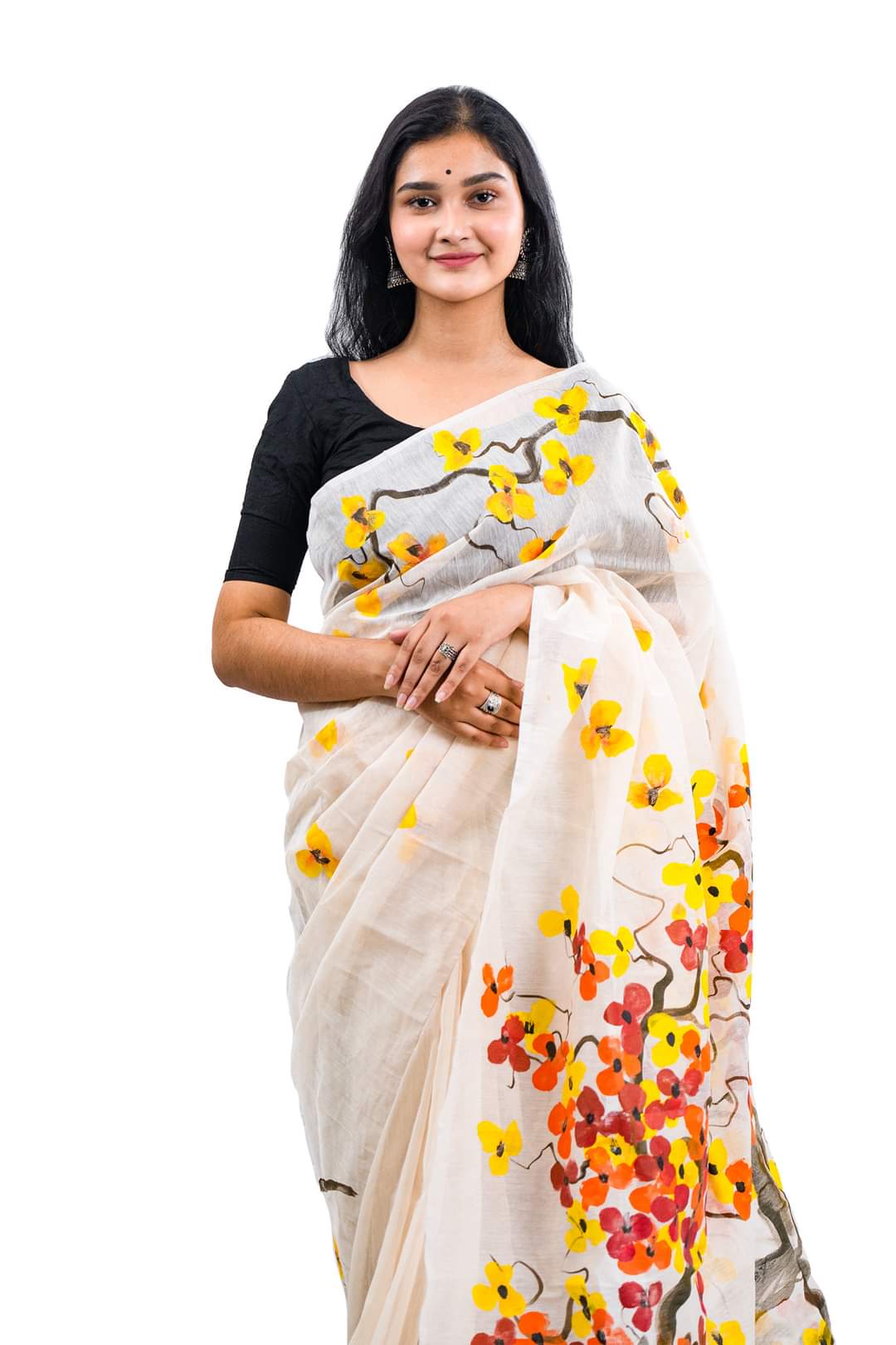 হাফসিল্ক শাড়ীতে হ্যান্ডপ্রিন্ট তুলির কাজ করা_4