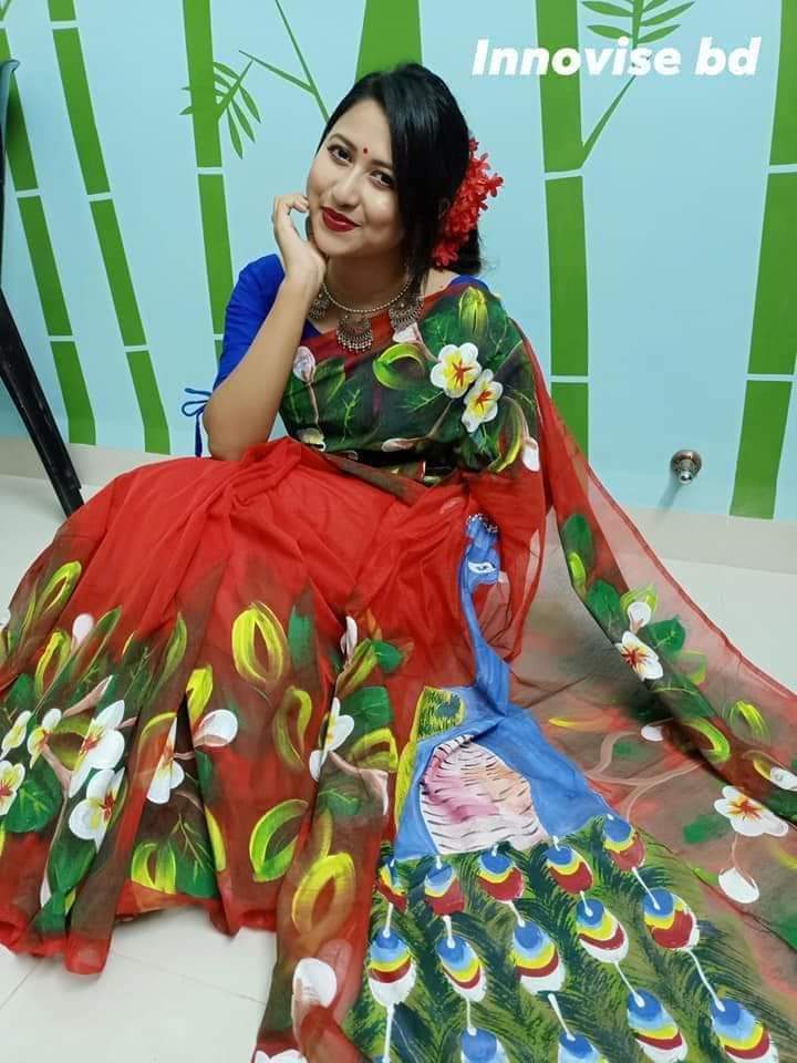 হাফসিল্ক শাড়ীতে হ্যান্ডপ্রিন্ট তুলির কাজ করা_7