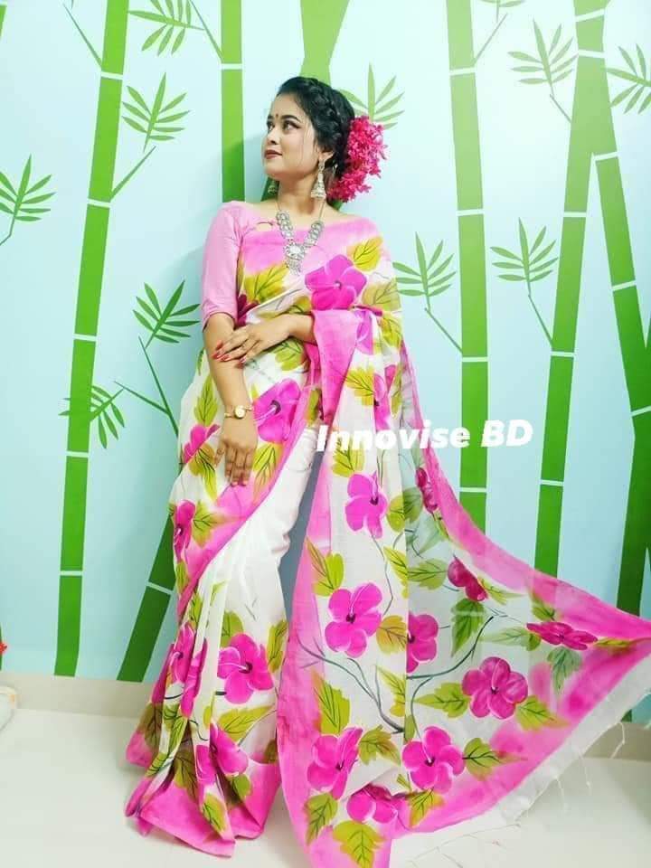 হাফসিল্ক শাড়ীতে হ্যান্ডপ্রিন্ট তুলির কাজ করা_6
