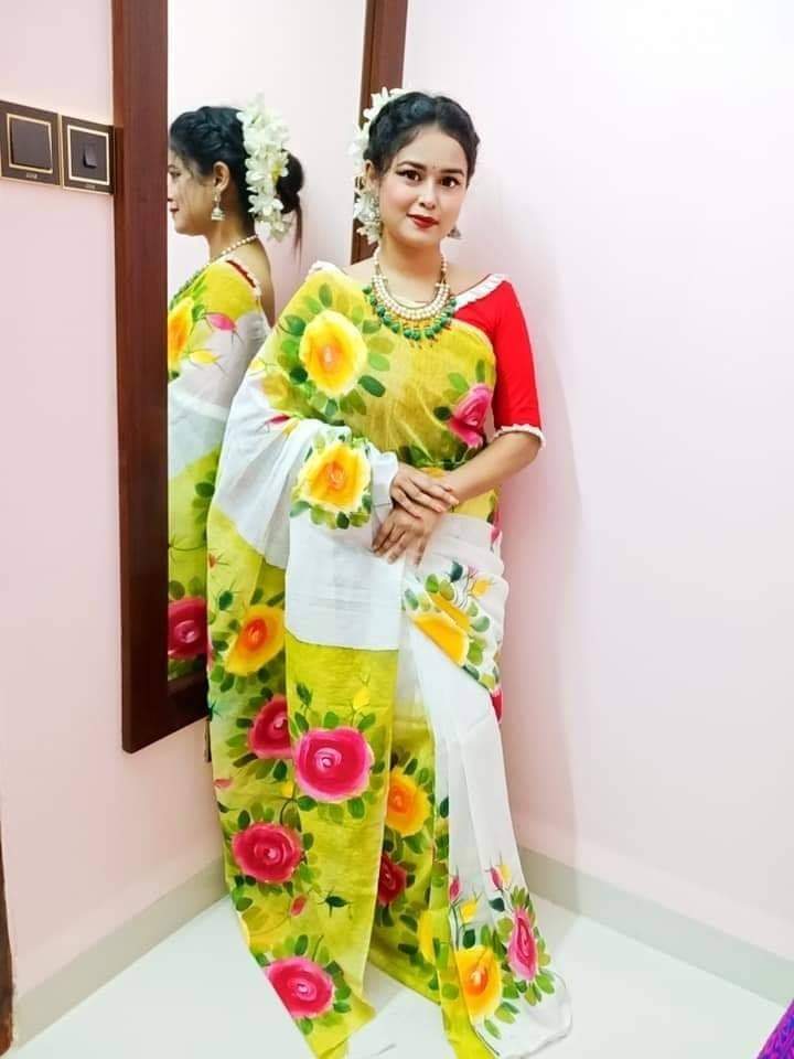 হাফসিল্ক শাড়ীতে হ্যান্ডপ্রিন্ট তুলির কাজ করা_3