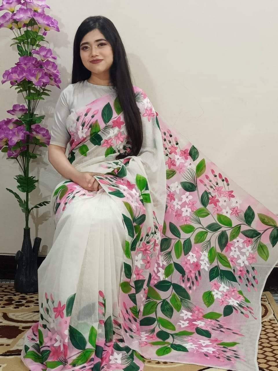 হাফসিল্ক শাড়ীতে হ্যান্ডপ্রিন্ট তুলির কাজ করা_6
