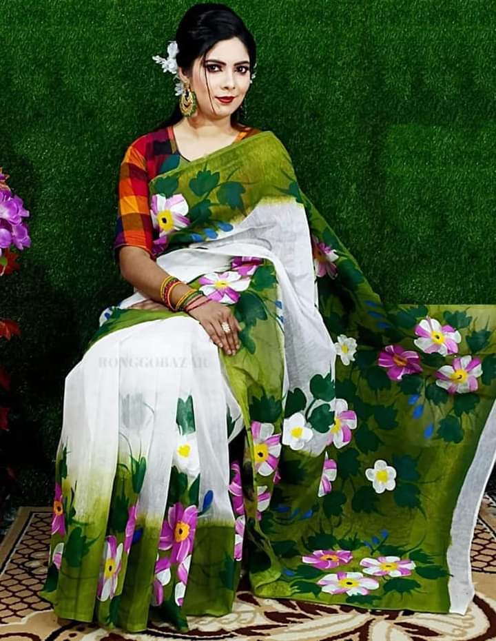 হাফসিল্ক শাড়ীতে হ্যান্ডপ্রিন্ট তুলির কাজ করা_4
