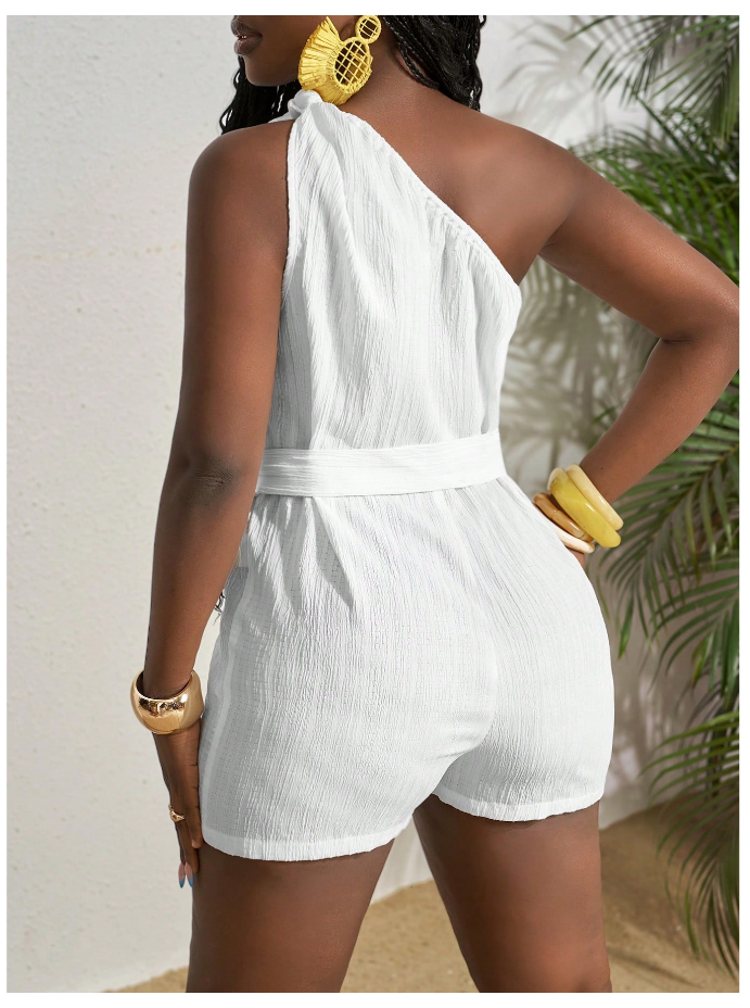 One Shoulder Twist Cinched Waist Romper_1
