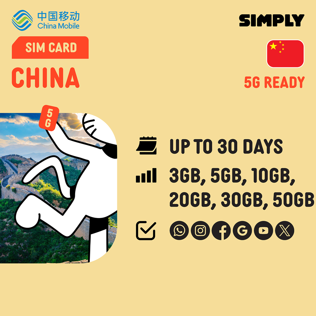 SIMPLY China SIM | Up to 30 Days - Total 3GB-50GB + Unlimited Data