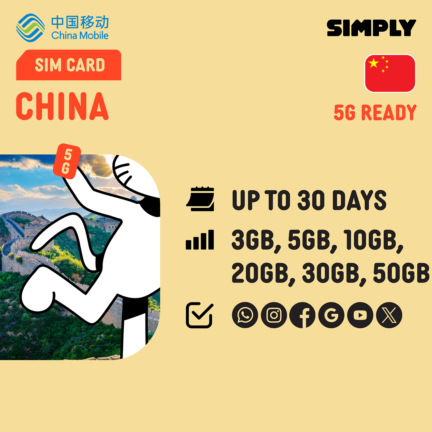 SIMPLY China SIM | Up to 30 Days - Total 3GB-50GB + Unlimited Data_0