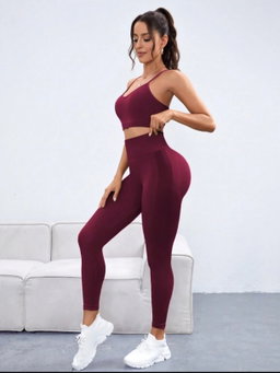 2 piece Burgundy spaghetti back work out sets  