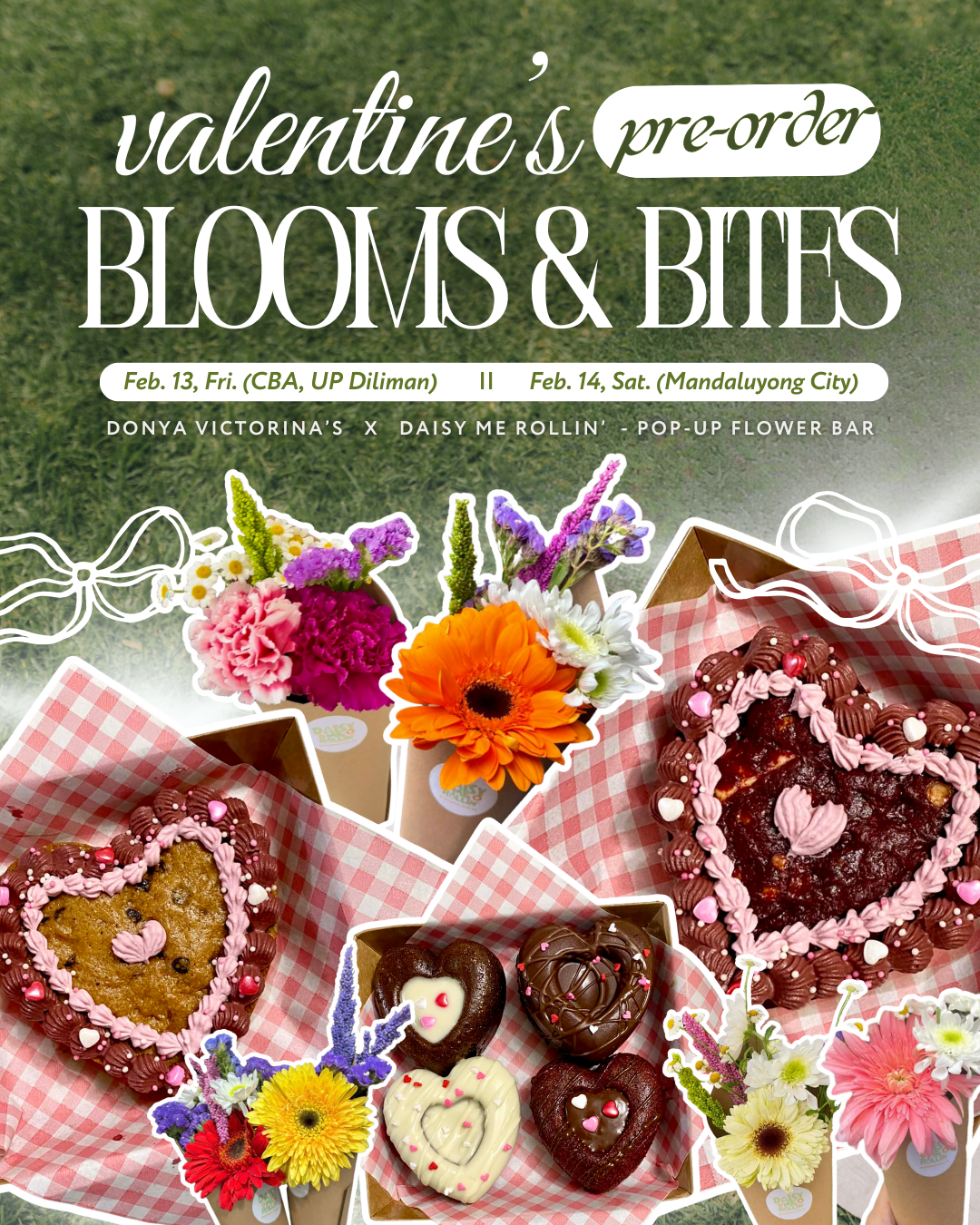 Flower Bouquet and Mini Heart Cakes (4 Pieces)