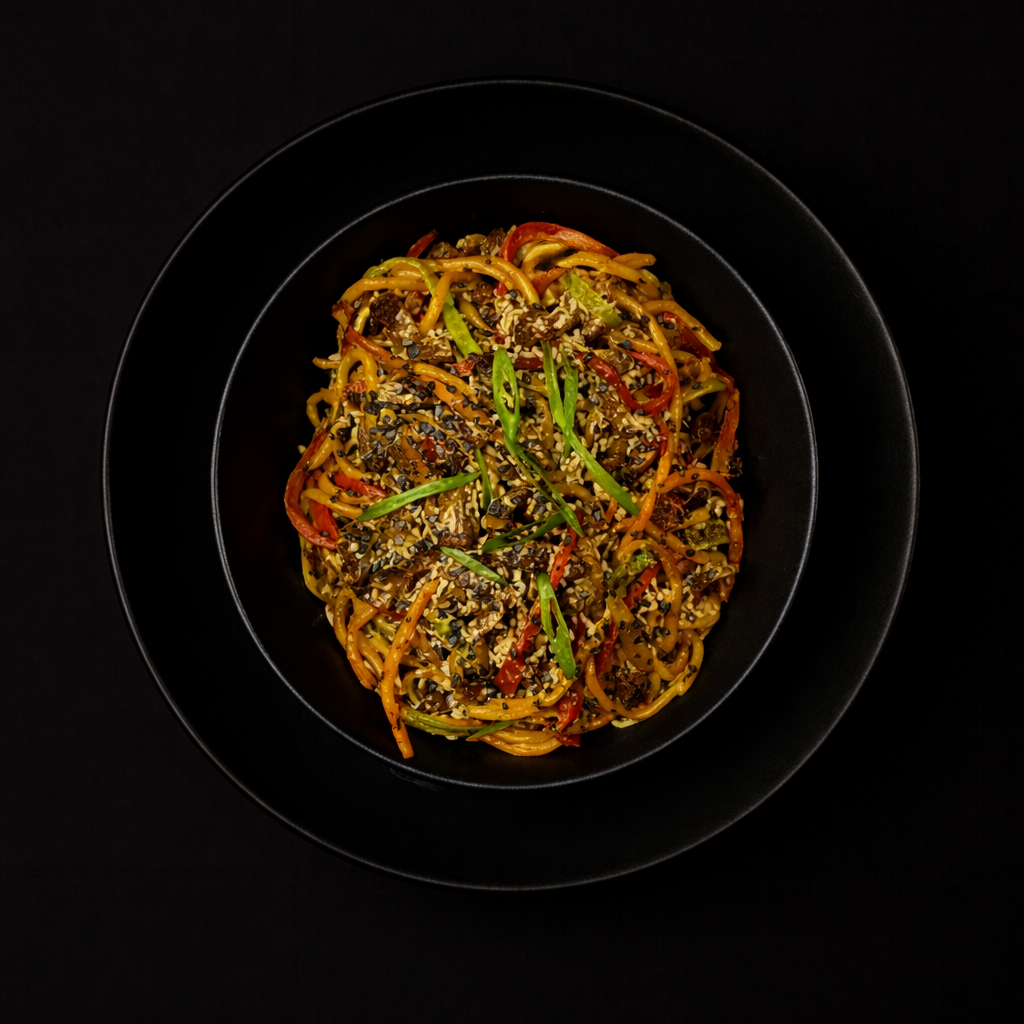 Fideos asiáticos con carne y verduras en salsa black pepper