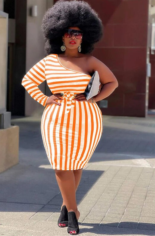 One Shoulder Striped Bodycon Dress