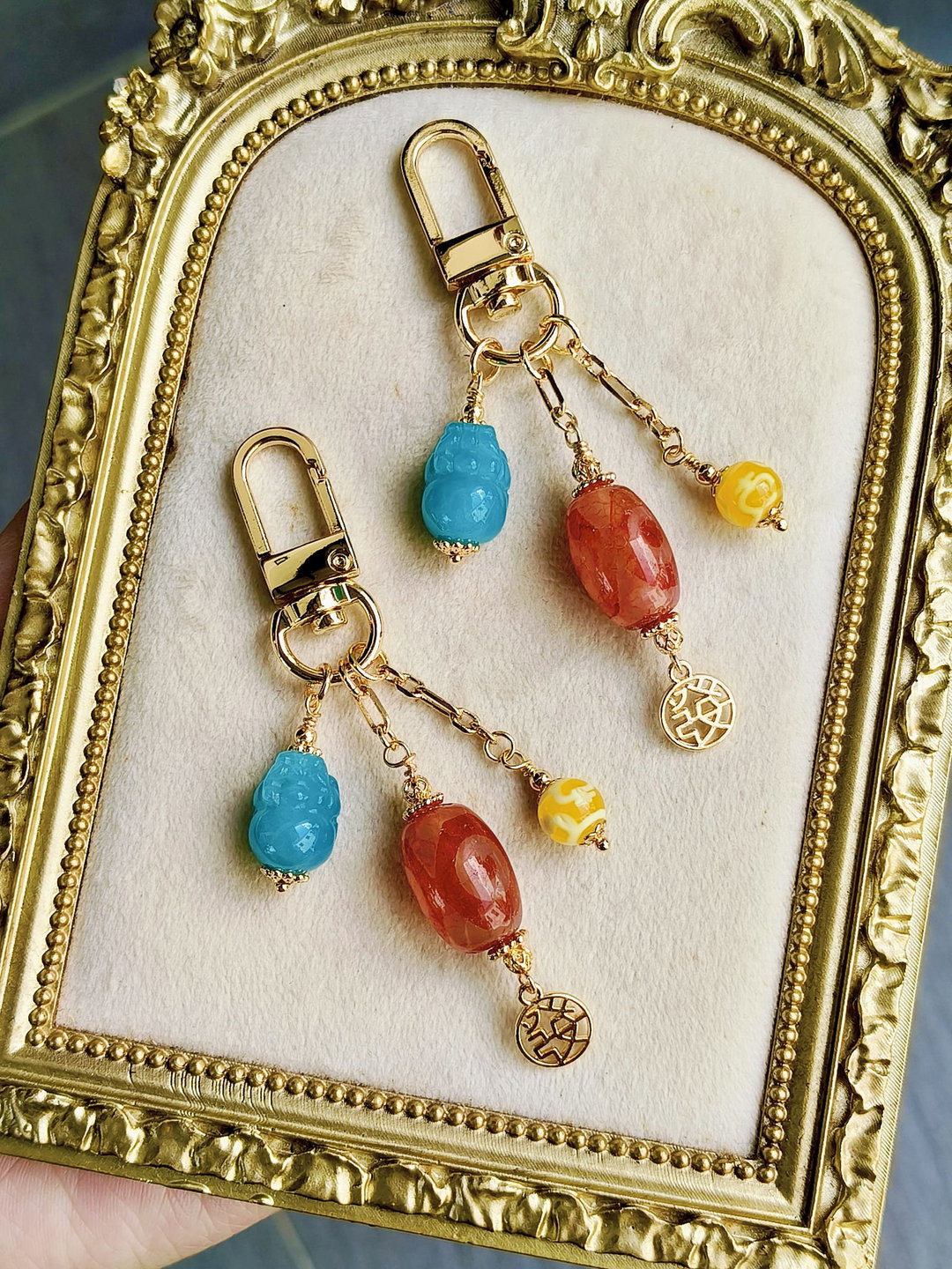 Red Tiger Tooth 3-Eye + Yellow Treasure Vase + Amazonite Pi Xiu Zi-Mini Charm