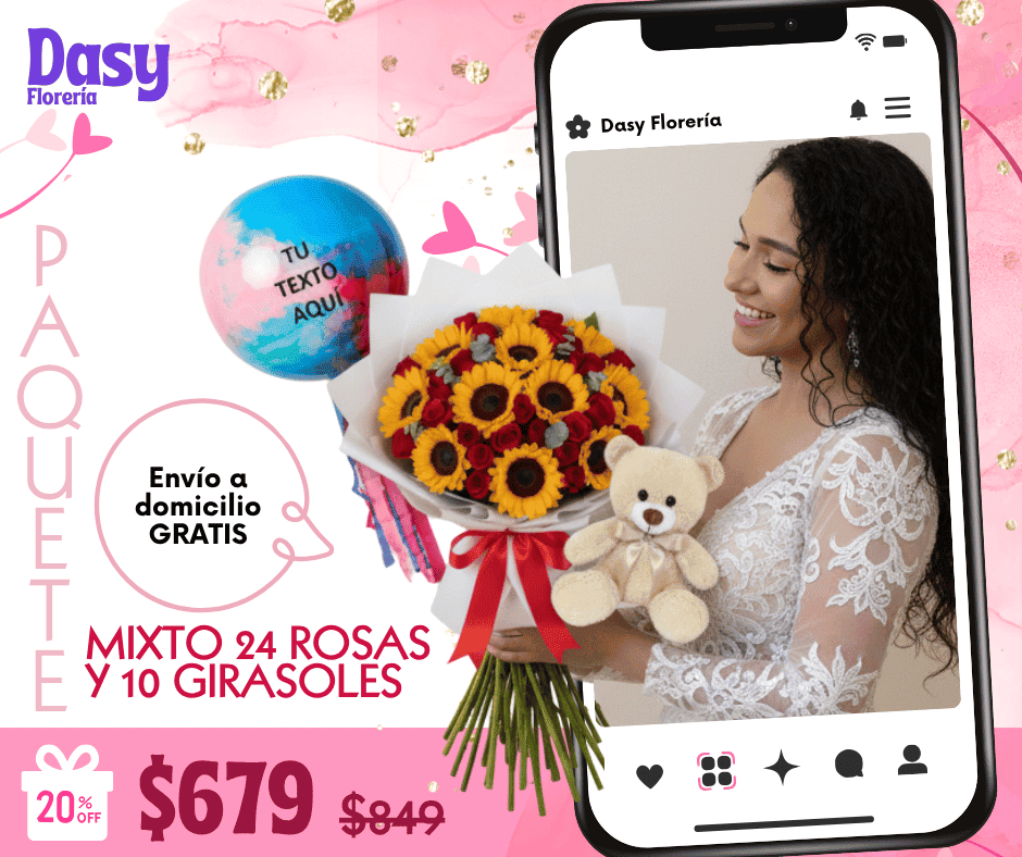Paquete mixto 24 rosas y 10 girasoles