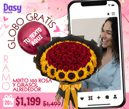 Mixto 100 rosas y girasol alrededor