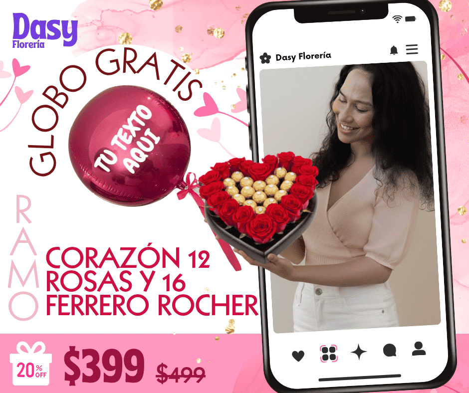 Corazón 12 rosas y 16 Ferrero Rocher