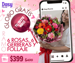 6 rosas, 6 gerberas y follaje