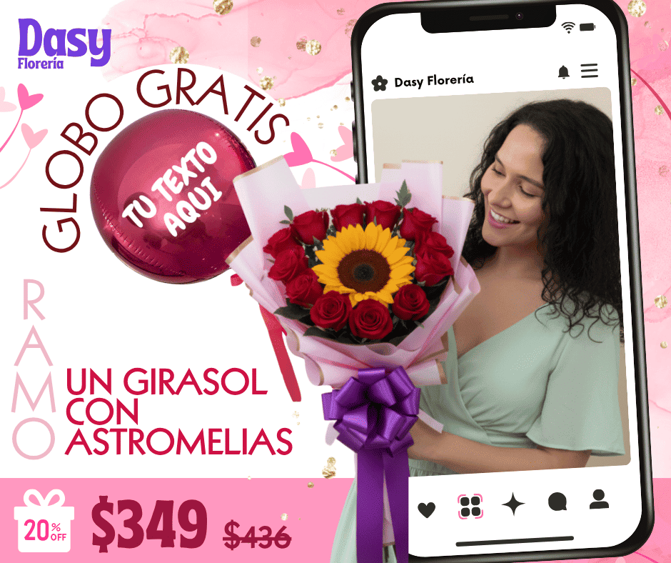Un girasol con rosas y astromelias