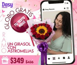 Un girasol con rosas y astromelias