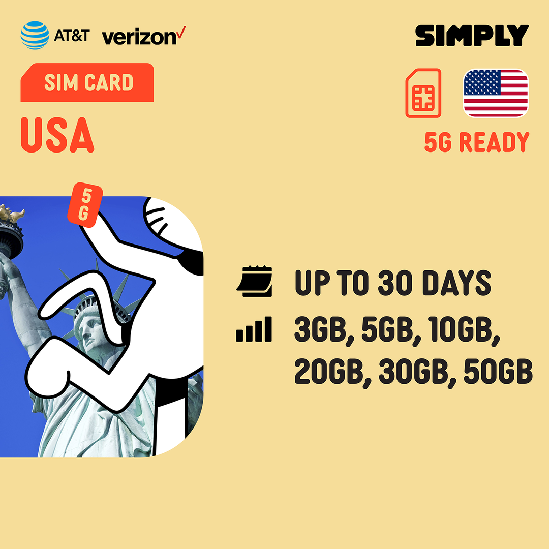 SIMPLY USA SIM | Up to 30 Days - Total 3GB-50GB + Unlimited Data