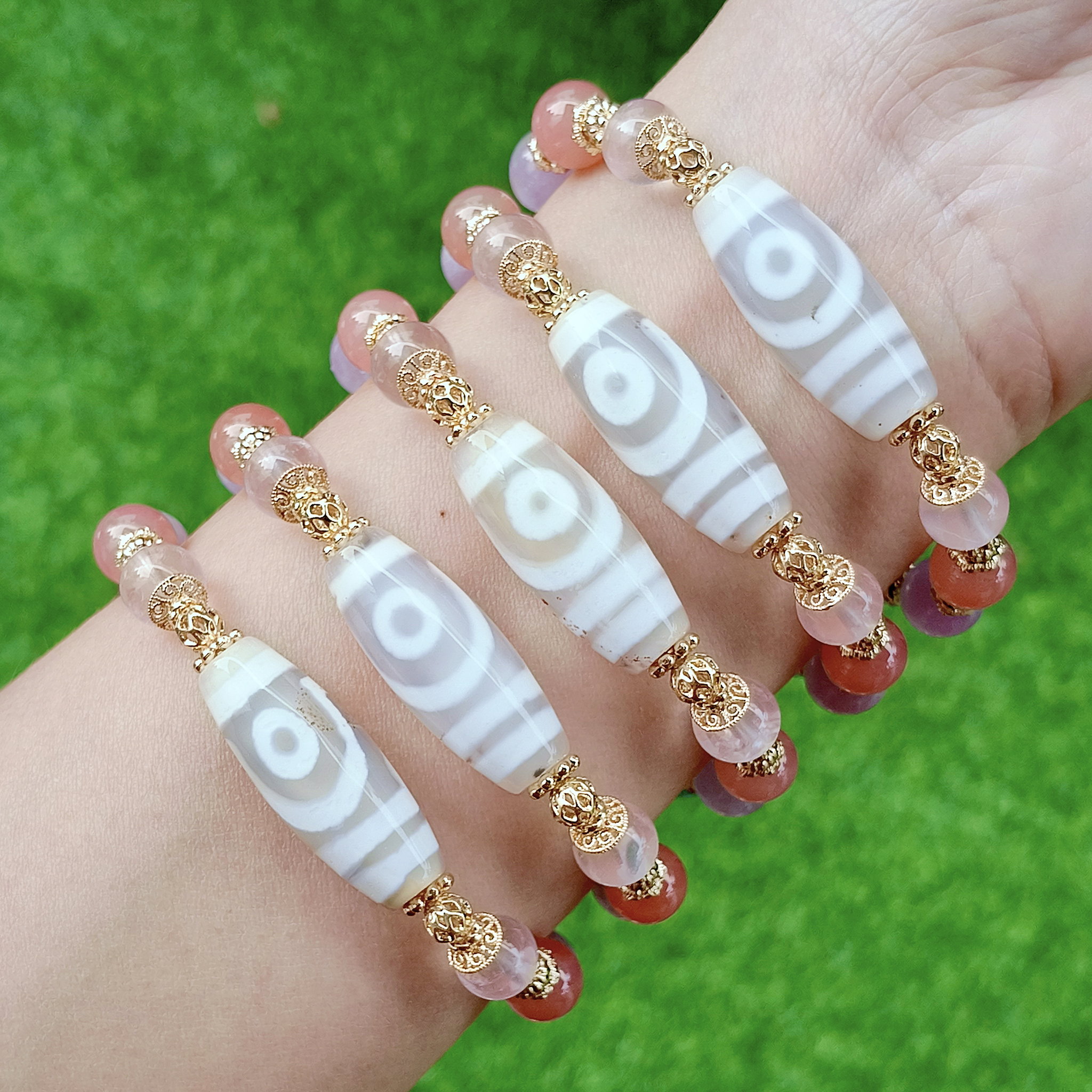 White 2 Eye Dzi + Benefactor Dzi Bracelet (Love, Harmony & Interpersonal Luck)_1