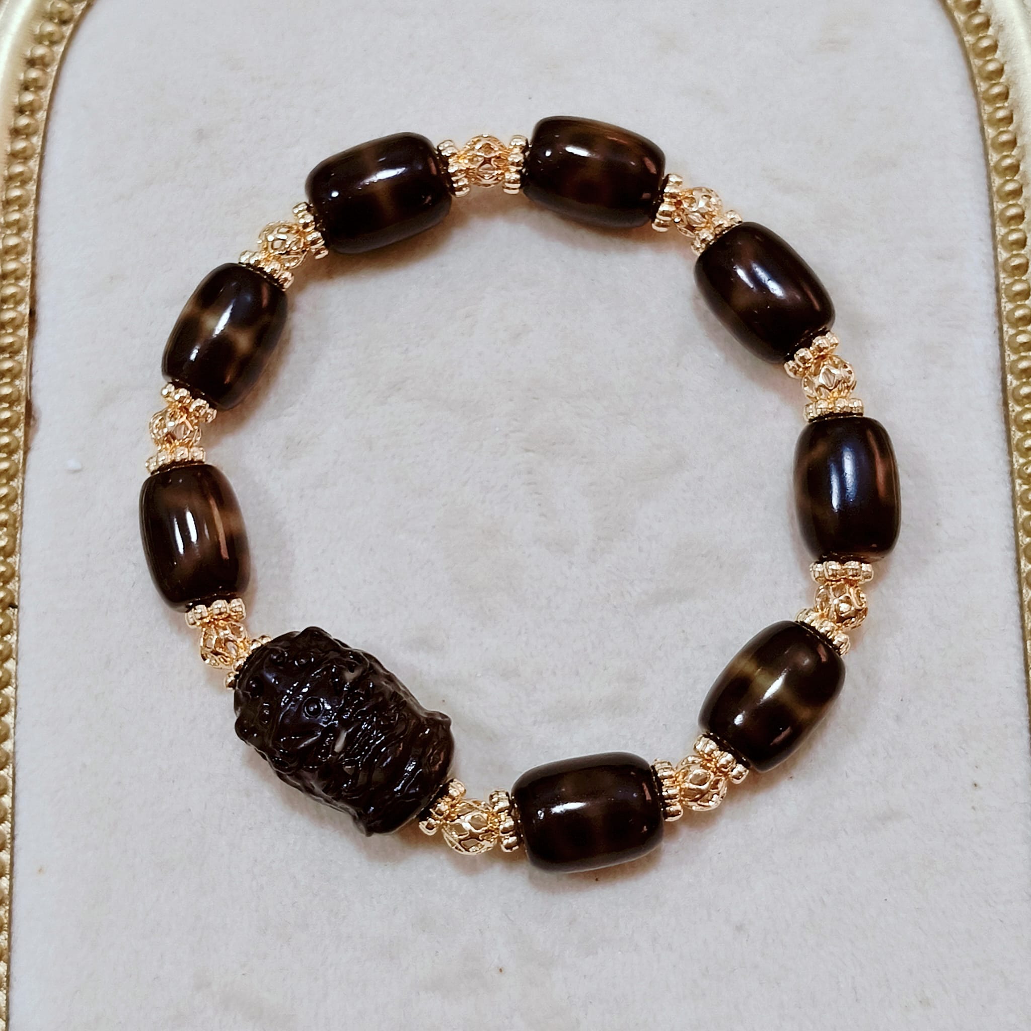 Black Gold Benefactors Dzi Stacker Bracelet with Blessed Mahakala Carving_3
