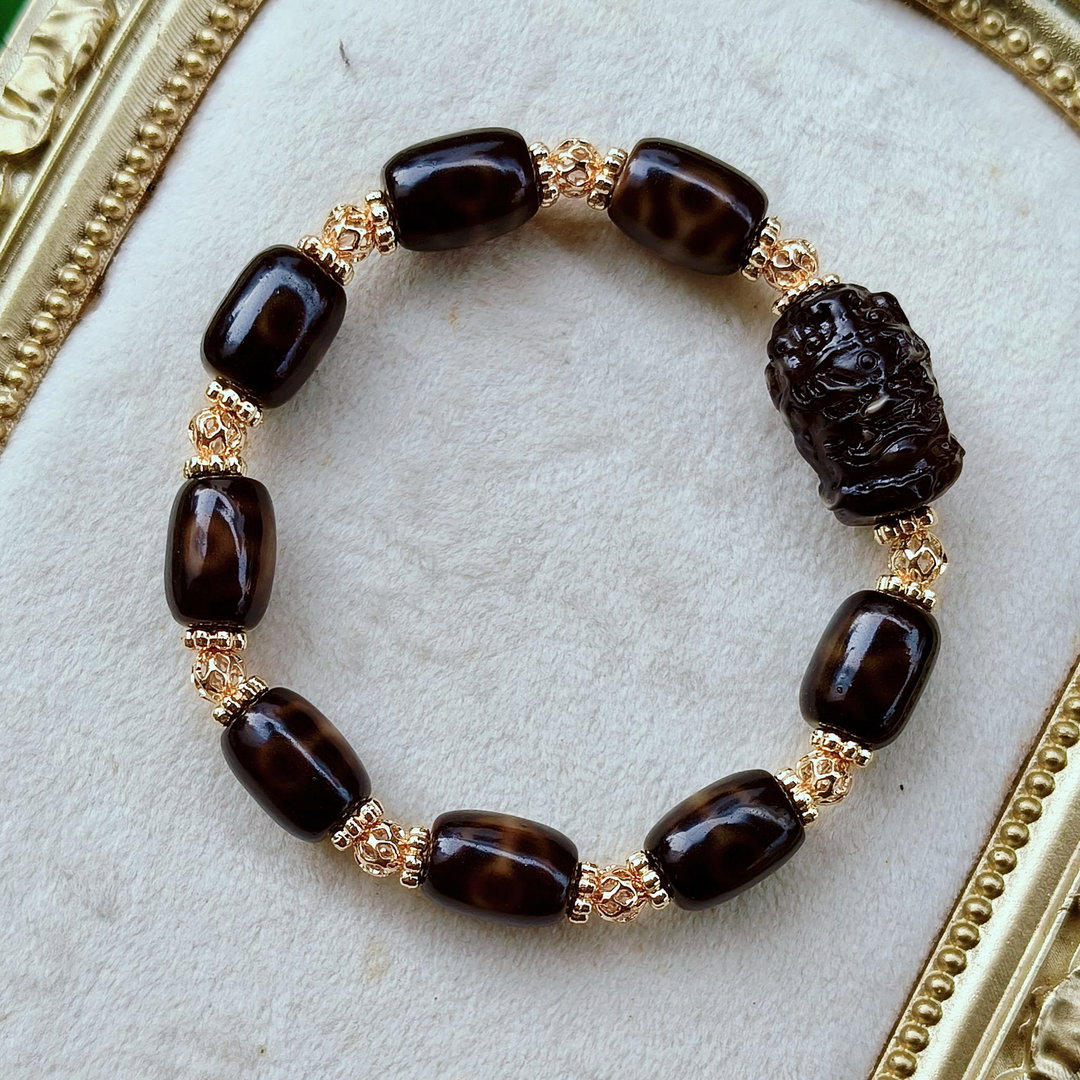 Black Gold Benefactors Dzi Stacker Bracelet with Blessed Mahakala Carving