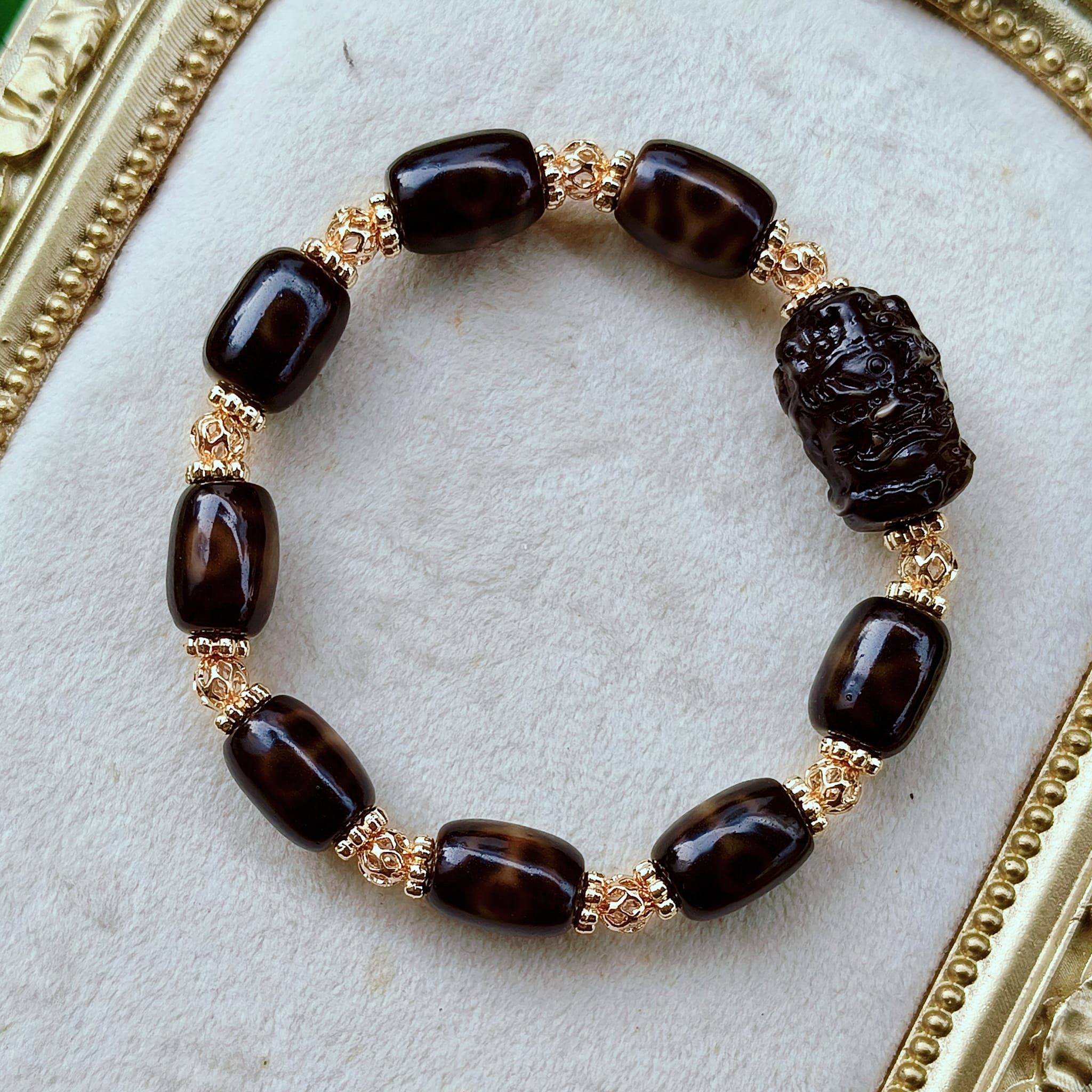 Black Gold Benefactors Dzi Stacker Bracelet with Blessed Mahakala Carving_0