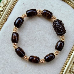 Black Gold Benefactors Dzi Stacker Bracelet with Blessed Mahakala Carving