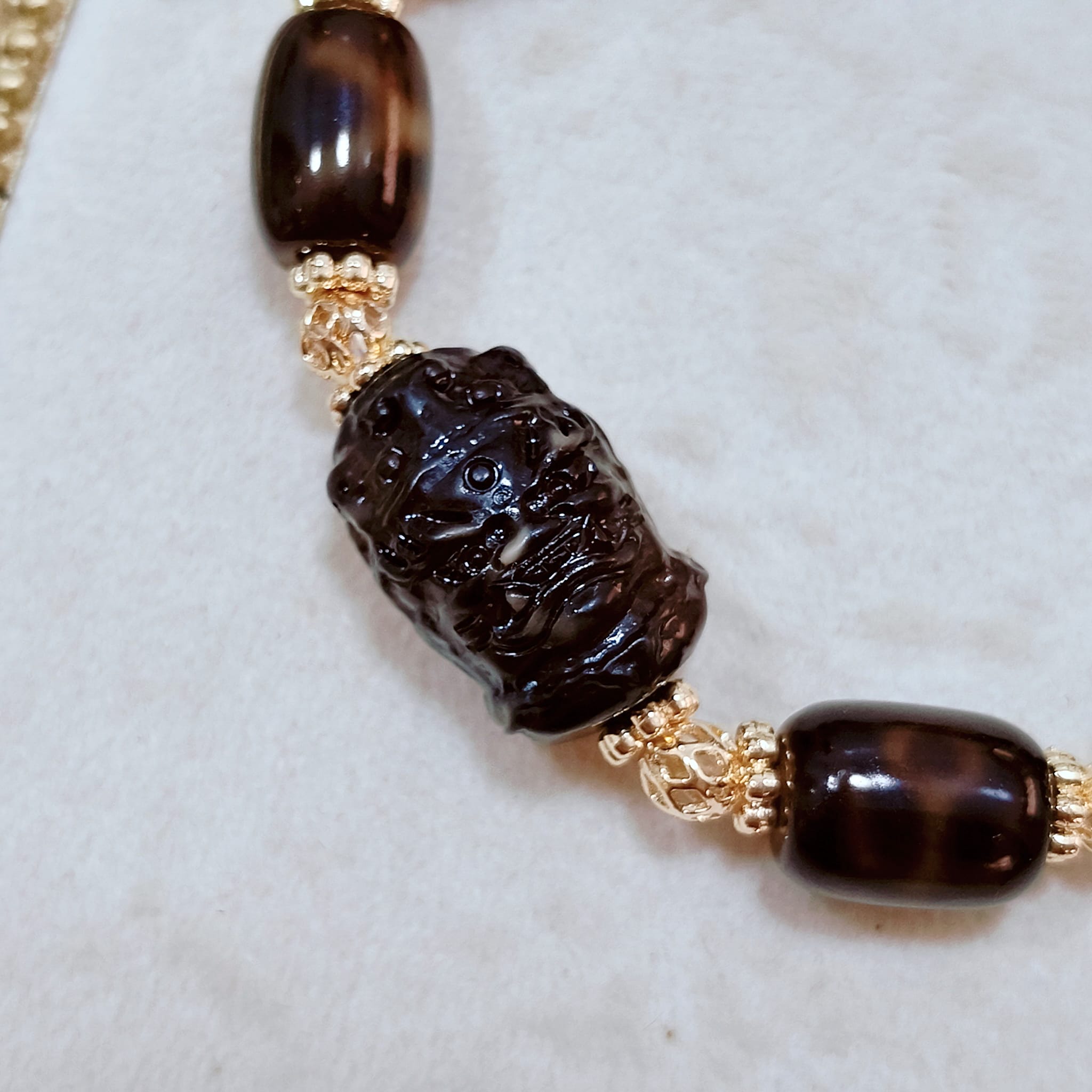 Black Gold Benefactors Dzi Stacker Bracelet with Blessed Mahakala Carving_4