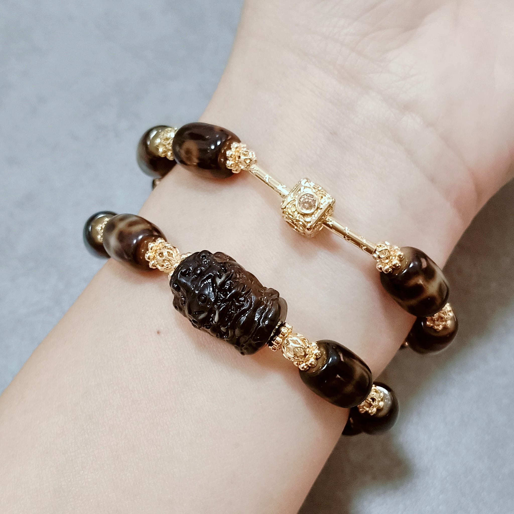 Black Gold Benefactors Dzi Stacker Bracelet with Blessed Mahakala Carving_1