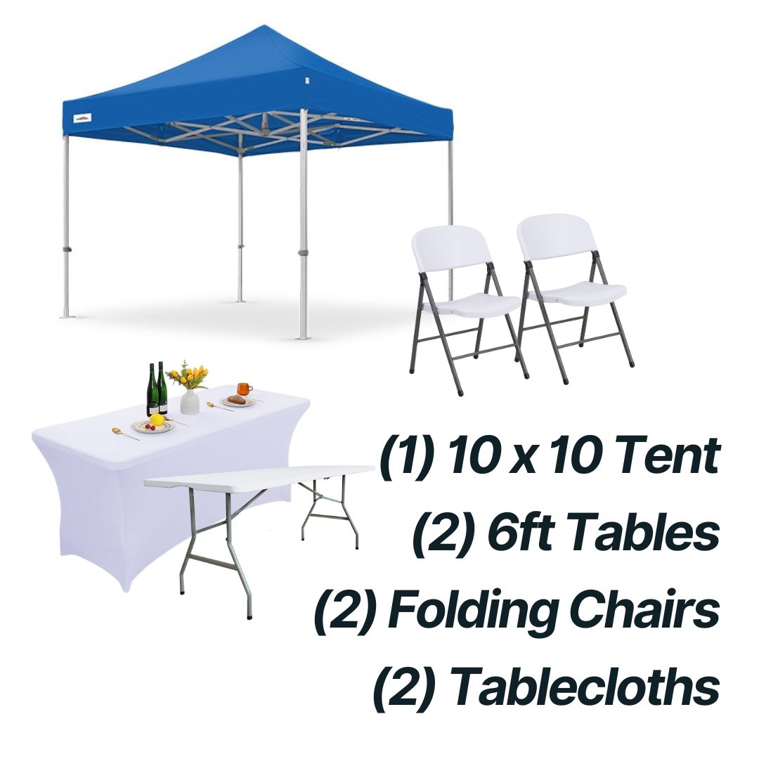 Market Package - (1)10x10 Tent, (2) Folding Chairs, (2) 6ft Covered Tables.