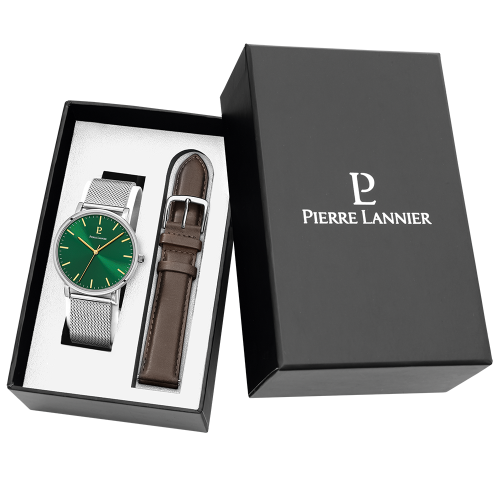 Pour Lui - Coffret Homme ESSENTIAL Cadran Vert Bracelet Cuir Brun (386C171)