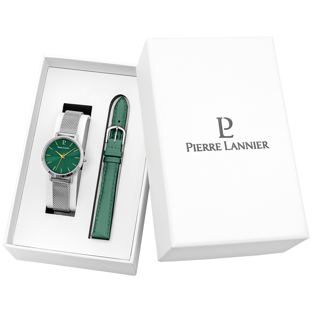 Pour Elle - Coffret Femme CHOUQUETTE Argenté Cadran Vert Bracelet Cuir Vert 12 MM (170G671)