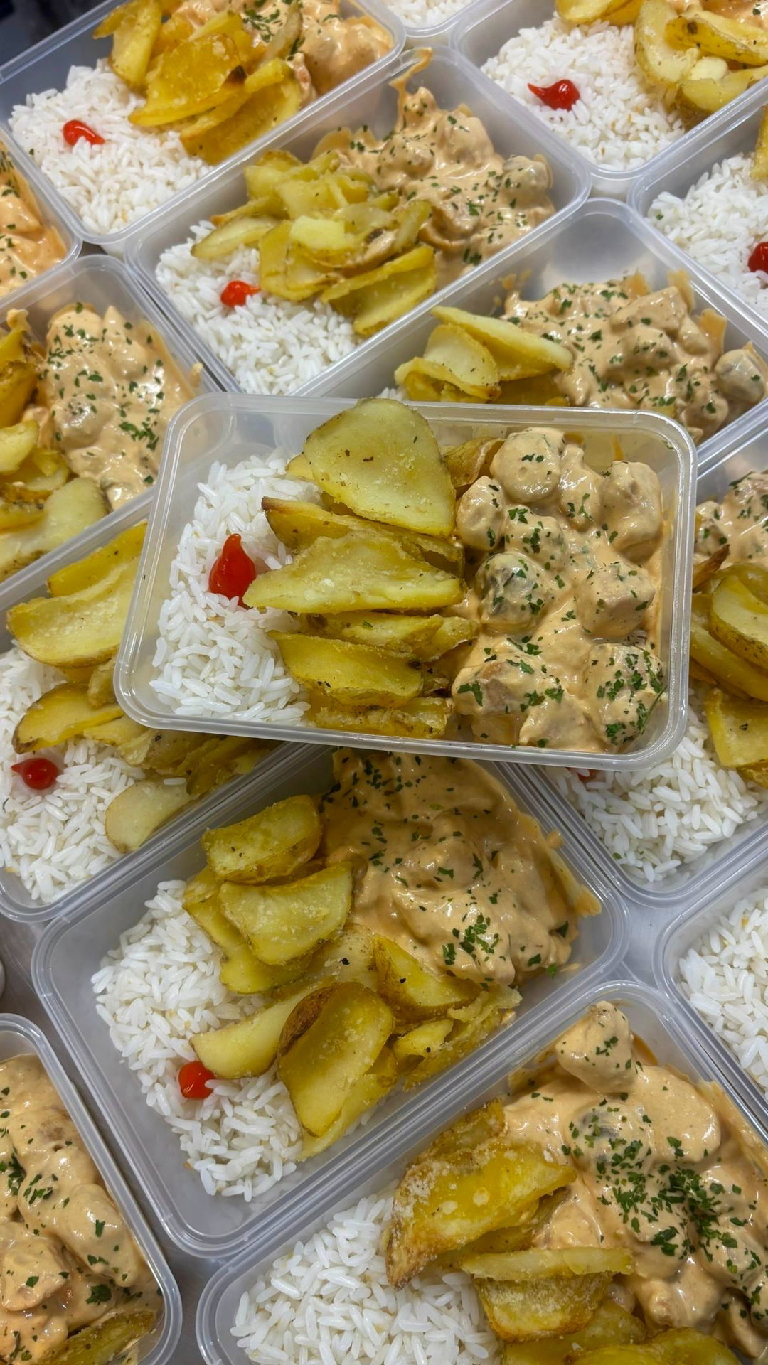 Strogonoff de frango com arroz, cogumelos e batata