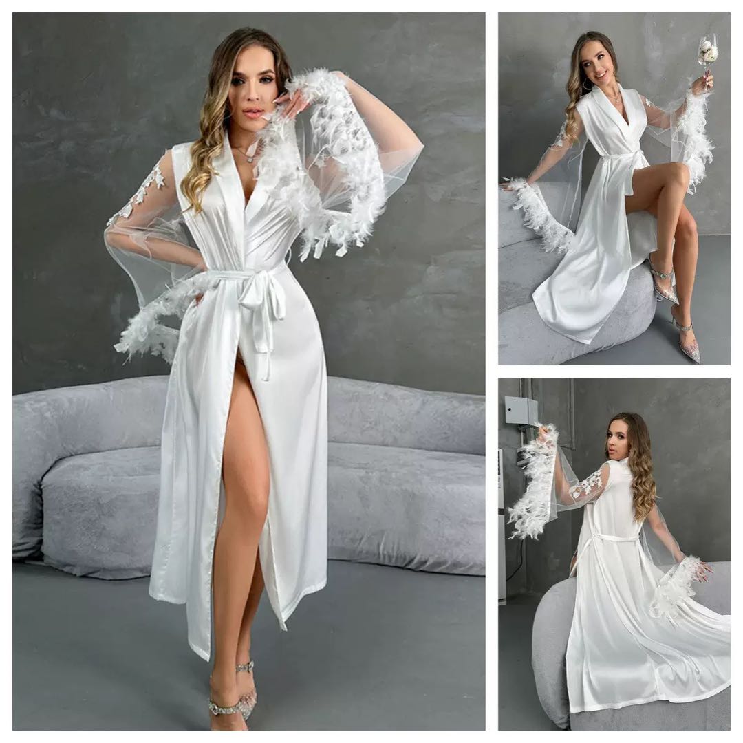 Elegant White Satin Robe with Lace Sleeves