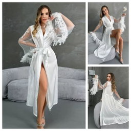 Elegant White Satin Robe with Lace Sleeves