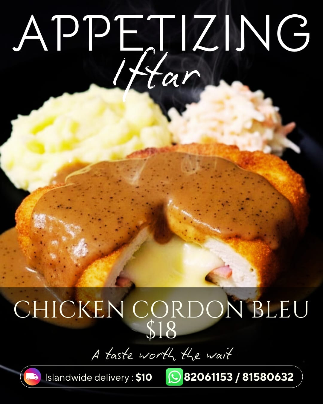 Chicken Cordon Bleu served with mashed potatoes and coleslaw_0