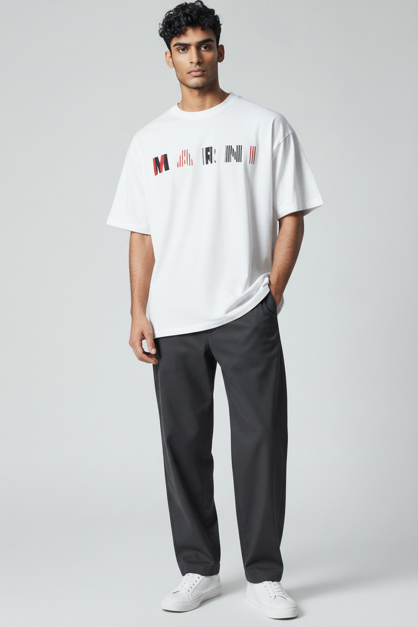 T-shirt Homme Blanc – Imprimé Moderne Rouge & Noir – XL