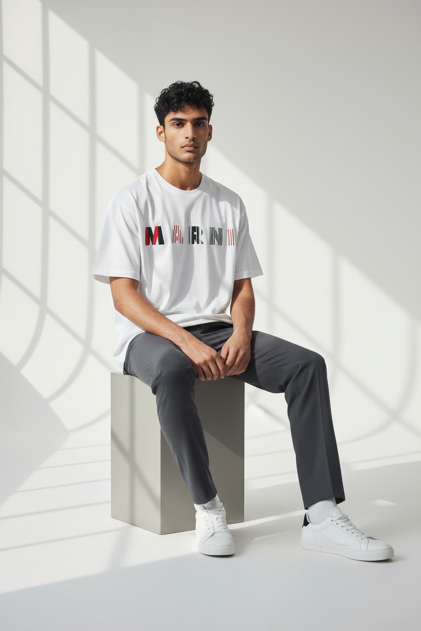 T-shirt Homme Blanc – Imprimé Moderne Rouge & Noir – XL_1