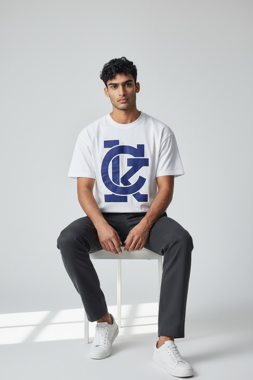 T-shirt Homme Blanc – Imprimé Bleu