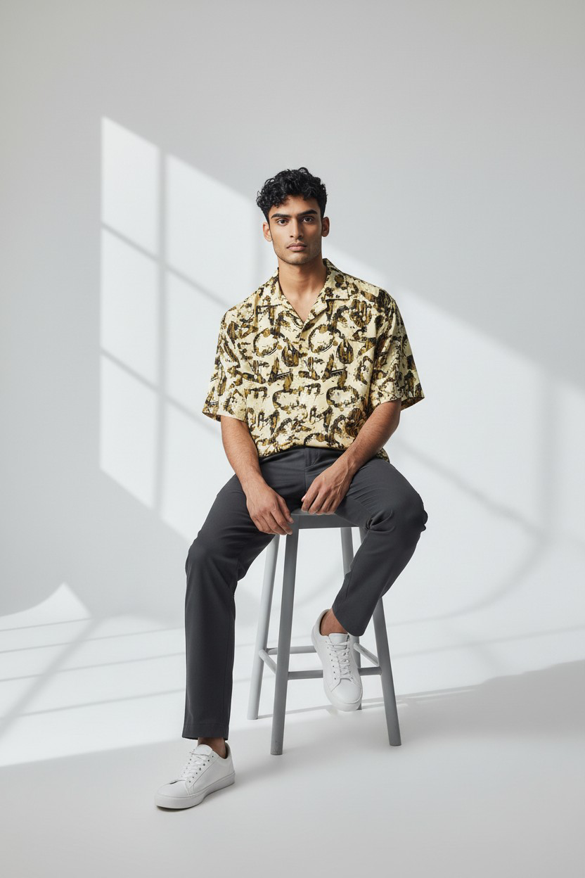 Chemise Homme Imprimée Beige & Noir – XL_0