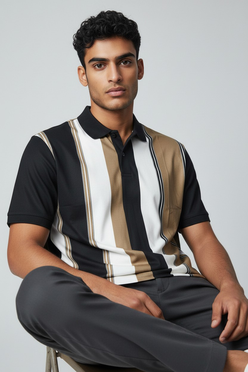Polo rayé noir & beige_1