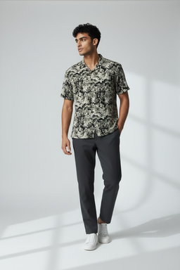 Chemise imprimé abstrait noir & beige