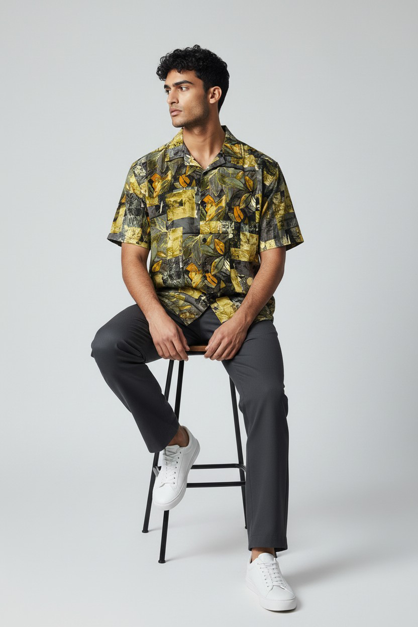 Chemise imprimé patchwork feuilles